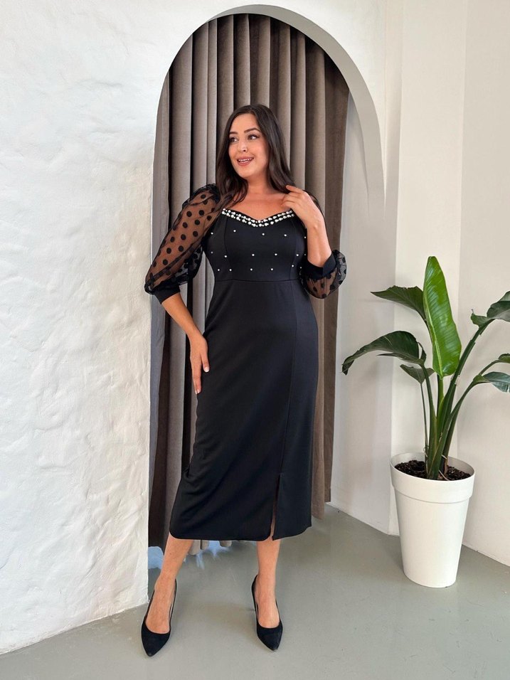 Büyük Beden Özel Tasarım kalp yaka İnci detaylı - Görsel 3