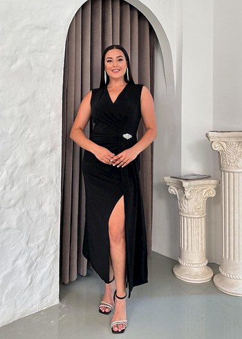 Siyah Drapeli V Yakalı Uzun Abiye Elbise - Görsel 2