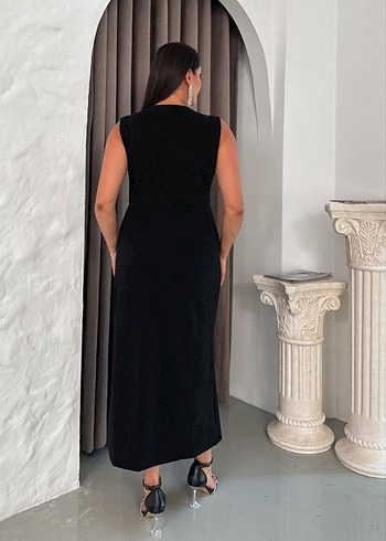 Siyah Drapeli V Yakalı Uzun Abiye Elbise - Görsel 4