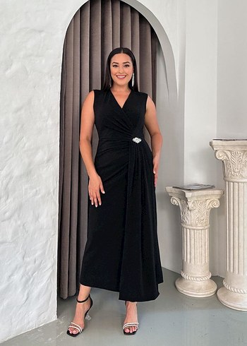 Siyah Drapeli V Yakalı Uzun Abiye Elbise - Görsel 3