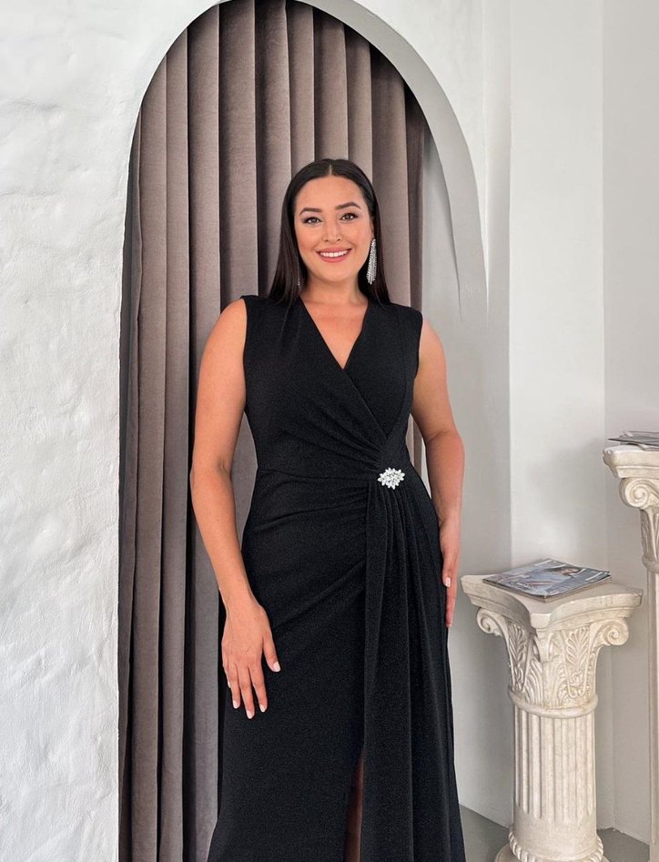 Siyah Drapeli V Yakalı Uzun Abiye Elbise - Görsel 5