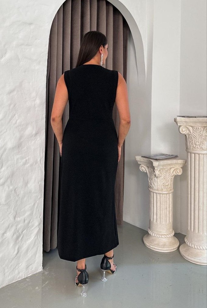 Siyah Drapeli V Yakalı Uzun Abiye Elbise - Görsel 4