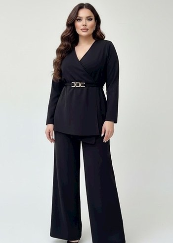 Kadın Siyah Kemerli Uzun Kollu Takım Elbise - Görsel 5
