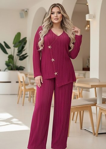 Büyük Beden Yıldız Düğme Detaylı Bordo Takım - Görsel 2