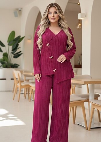 Büyük Beden Yıldız Düğme Detaylı Bordo Takım - Görsel 5