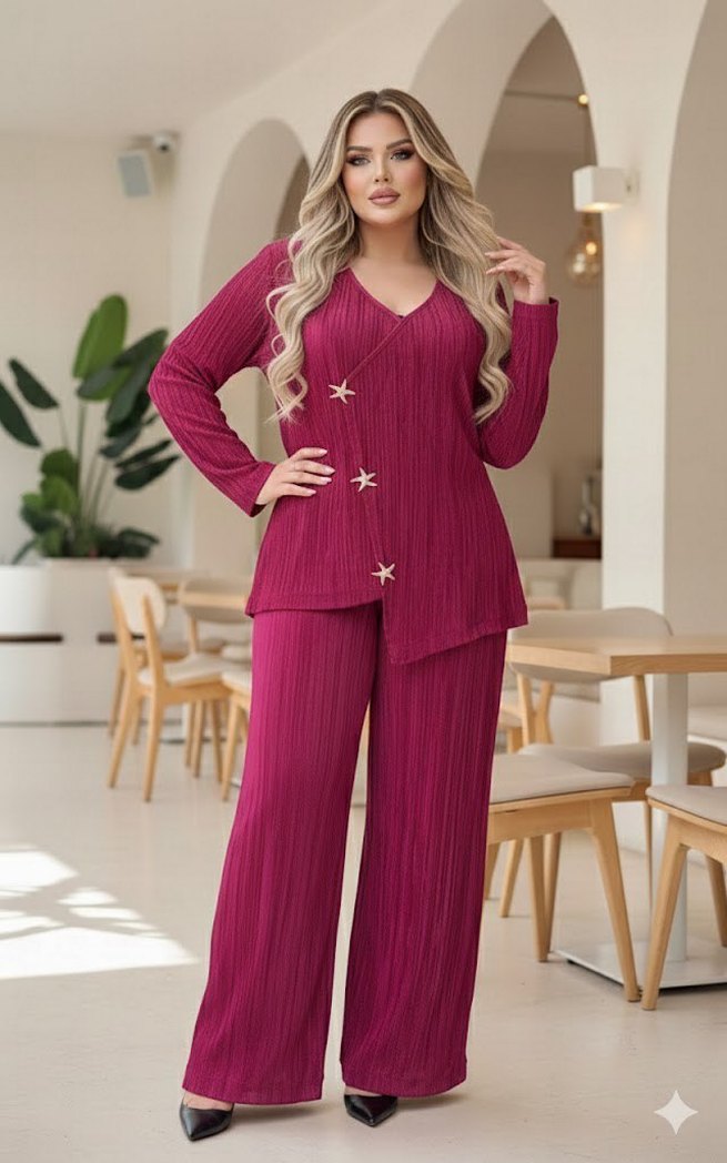 Büyük Beden Yıldız Düğme Detaylı Bordo Takım - Görsel 3