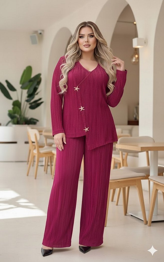 Büyük Beden Yıldız Düğme Detaylı Bordo Takım - Görsel 2
