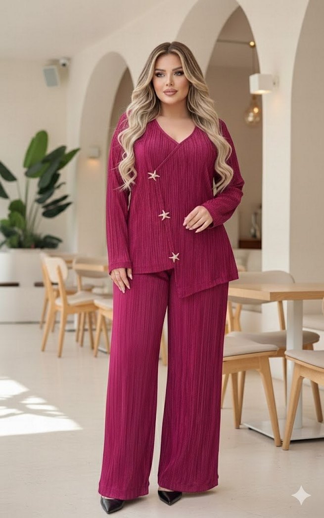 Büyük Beden Yıldız Düğme Detaylı Bordo Takım - Görsel 5