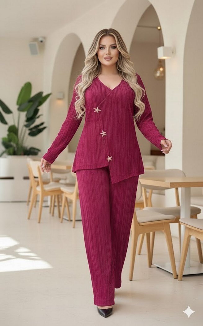 Büyük Beden Yıldız Düğme Detaylı Bordo Takım - Görsel 4