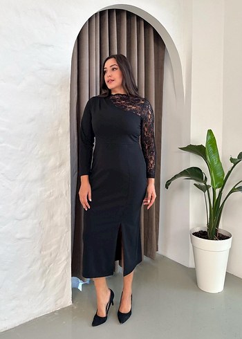 Dantel Detaylı Siyah Uzun Elbise - Görsel 4