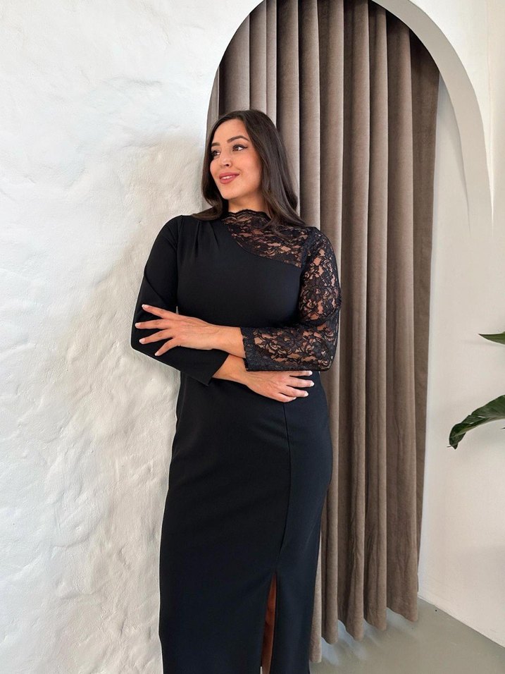 Dantel Detaylı Siyah Uzun Elbise - Görsel 3