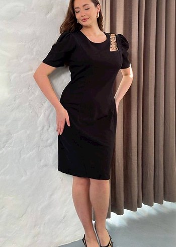 Kemer Detaylı Siyah Midi Elbise - Görsel 5