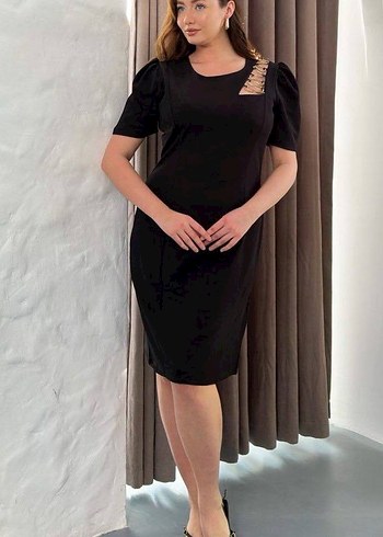 Kemer Detaylı Siyah Midi Elbise - Görsel 6