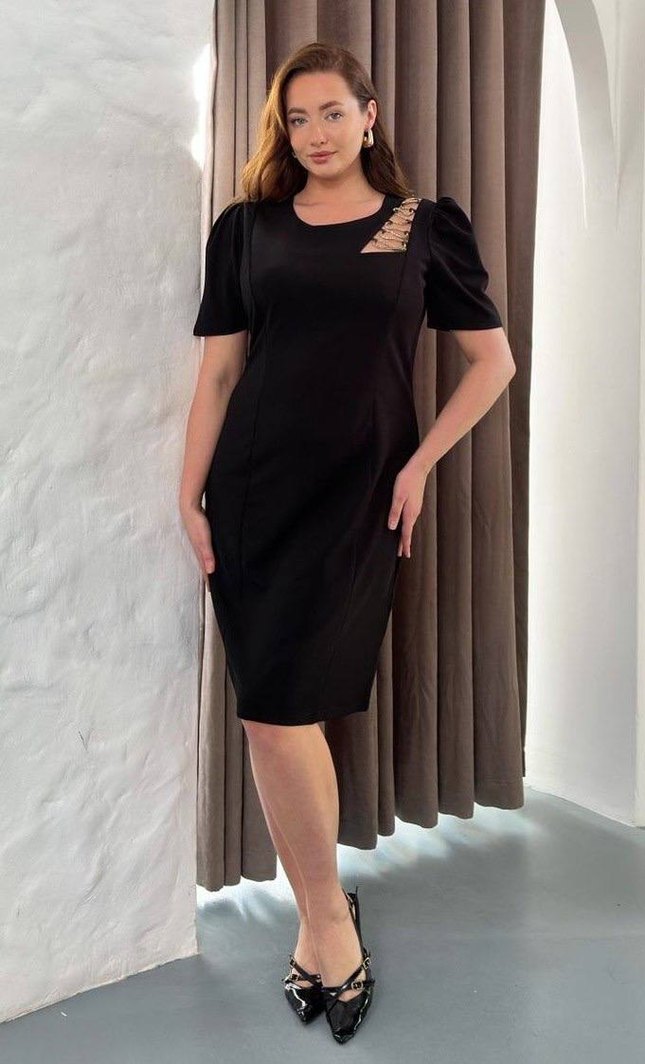 Kemer Detaylı Siyah Midi Elbise - Görsel 2