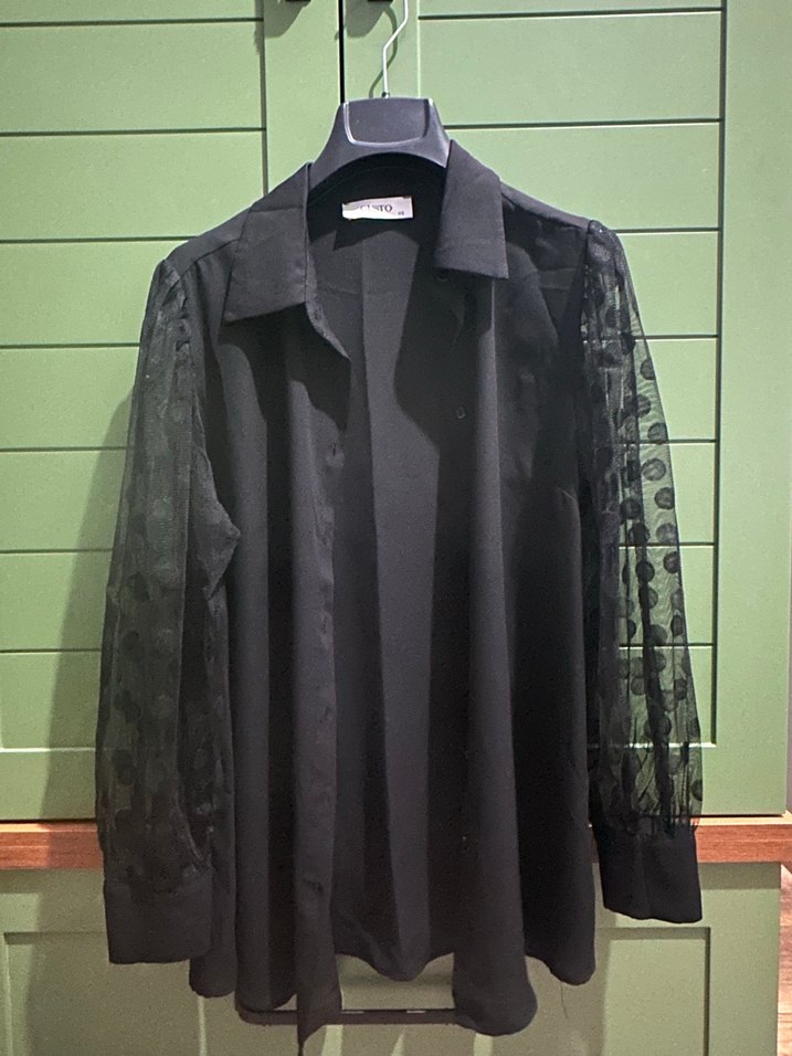 Siyah tül kollu gömlek - Görsel 2