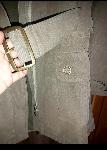 m Beden Kemerli Haki Midi Kadın Ceket