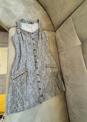 Gri Düğmeli Denim Elbise