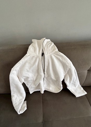 s Beden beyaz Renk Fermuarlı Yüksek Yakalı Kadın Sweatshirt