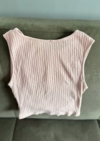 s Beden pembe Renk Pembe Pilili Keten crop, Yüksek Yakalı, Sıfır Kollu
