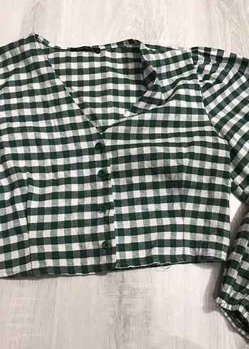 Düğmeli, Uzun Kollu Yeşil Kareli Bluz - Görsel 2