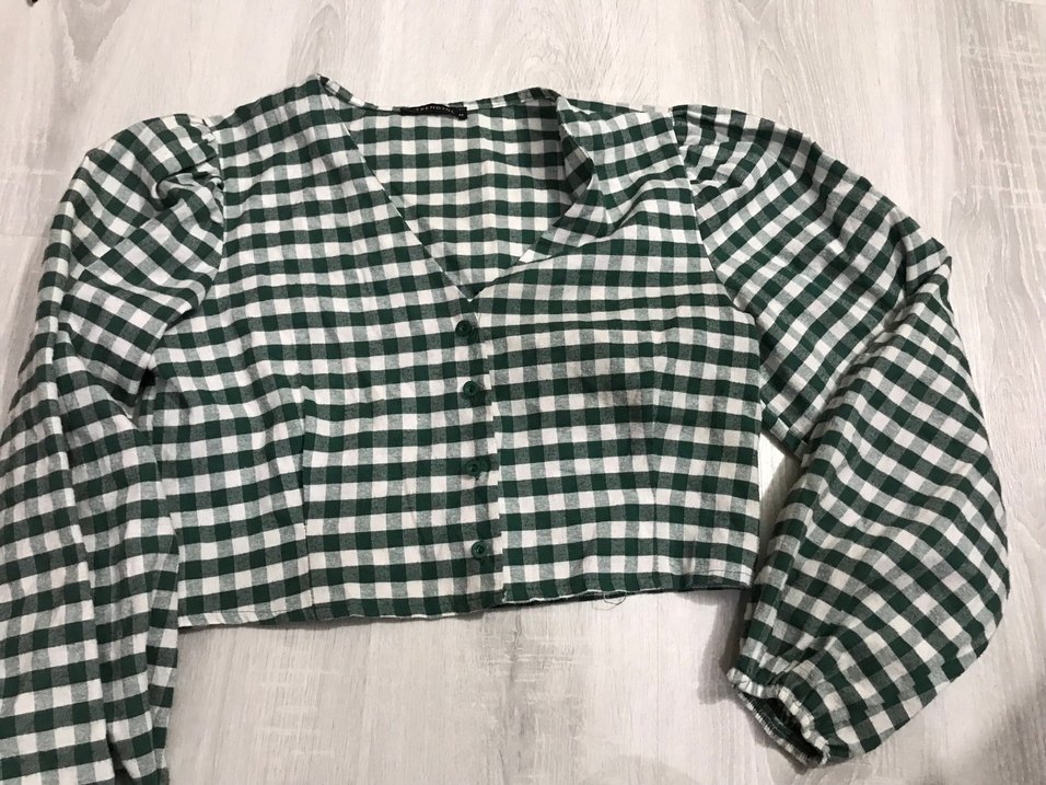 Düğmeli, Uzun Kollu Yeşil Kareli Bluz - Görsel 2