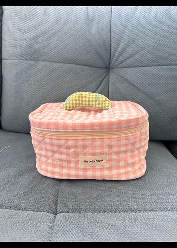 Pembe Ekose Fermuarlı Kadın Makyaj Çantası