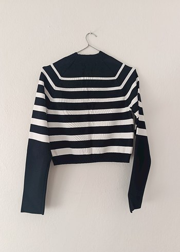 Siyah Beyaz Çizgili Kadın Triko Kazak - Görsel 3