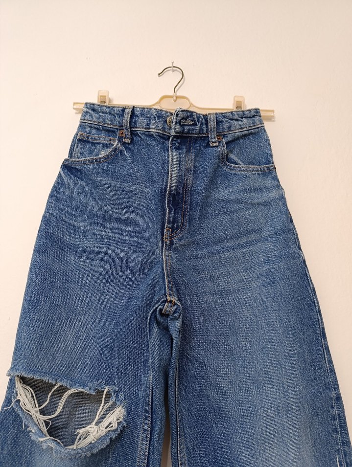 Kadın Mavi Loose Fit Yırtık Kot Pantolon - Görsel 2