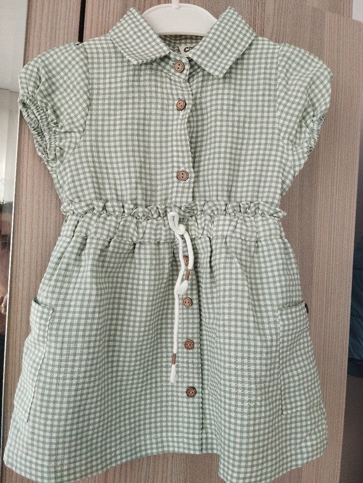 Kız Bebek Gri Kareli Düğmeli Elbise - Görsel 3