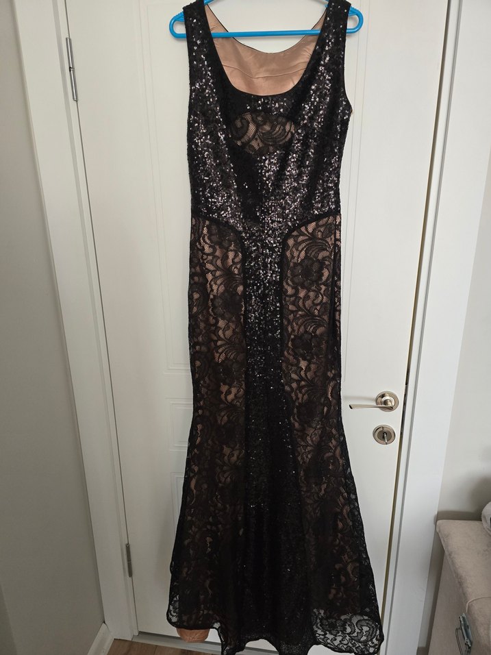 Siyah Dantelli Uzun Kadın Abiye Elbise - Görsel 4