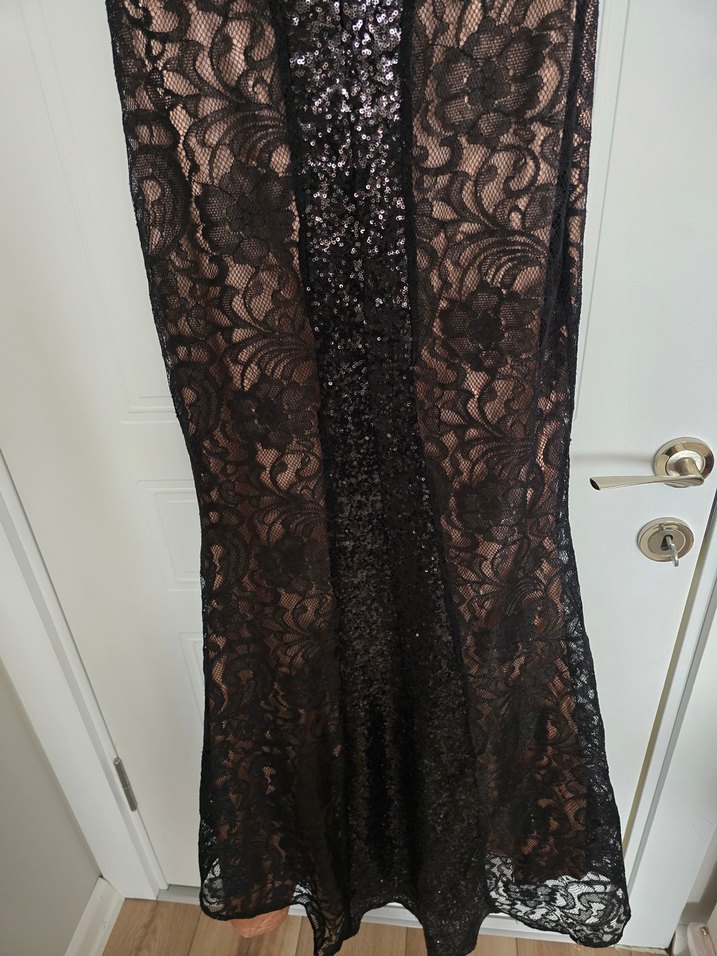 Siyah Dantelli Uzun Kadın Abiye Elbise - Görsel 5