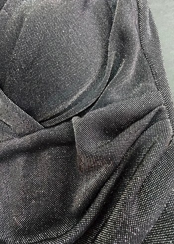 Siyah simli Drapeli V Yaka Midi Abiye Elbise - Görsel 5