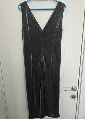 Siyah simli Drapeli V Yaka Midi Abiye Elbise - Görsel 3