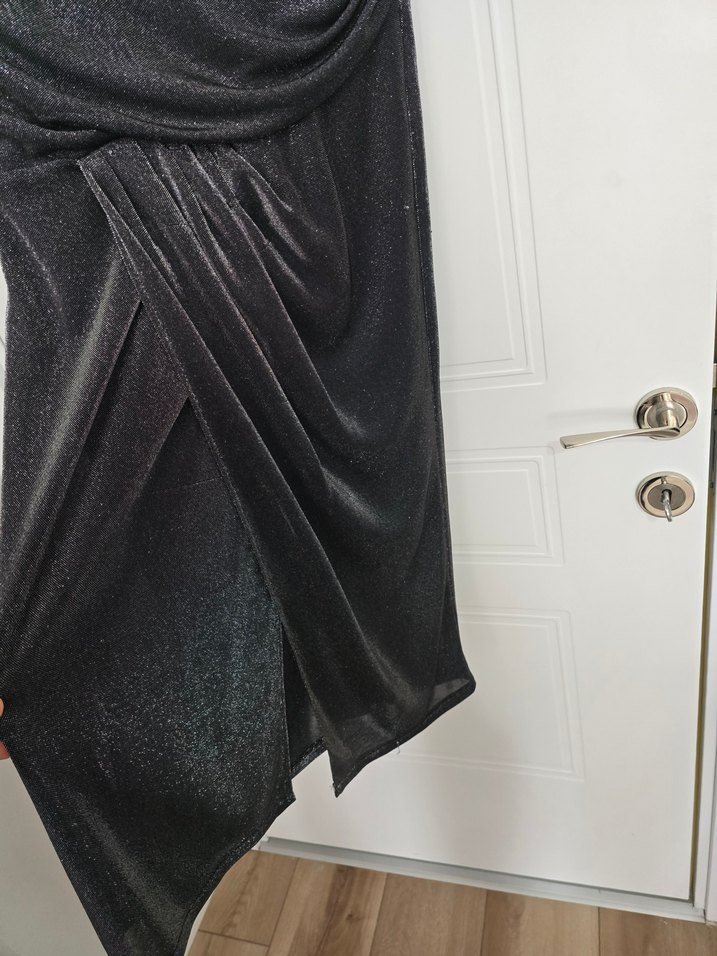 Siyah simli Drapeli V Yaka Midi Abiye Elbise - Görsel 4