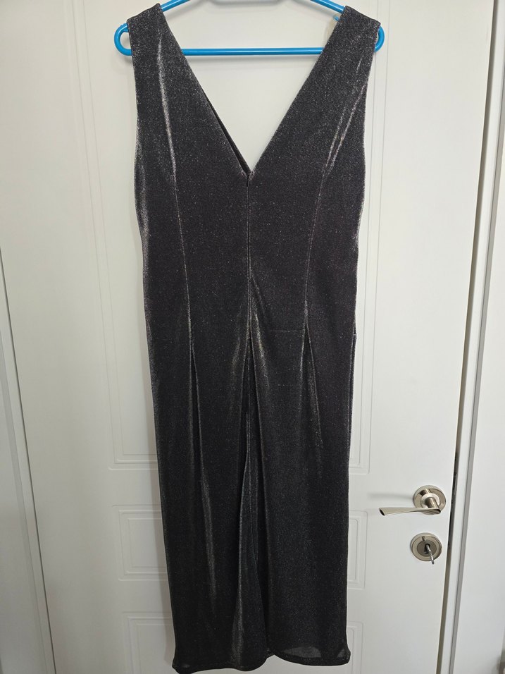 Siyah simli Drapeli V Yaka Midi Abiye Elbise - Görsel 3