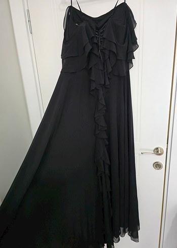 Siyah Uzun Askılı Drapeli Gece Elbisesi - Görsel 6