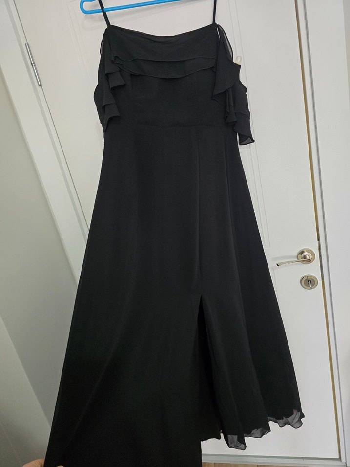 Siyah Uzun Askılı Drapeli Gece Elbisesi - Görsel 2