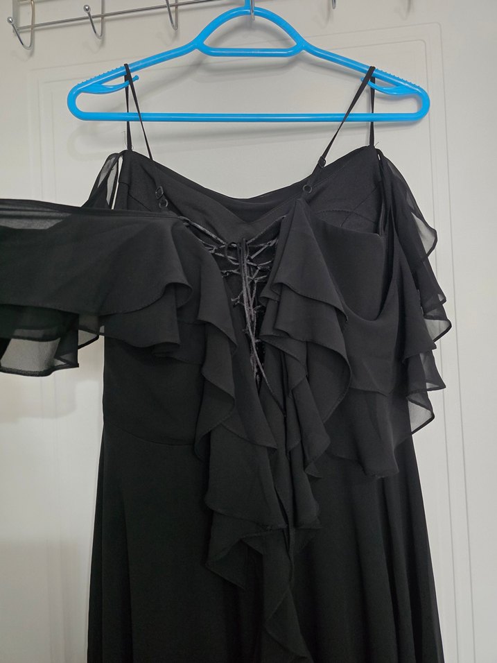 Siyah Uzun Askılı Drapeli Gece Elbisesi - Görsel 5