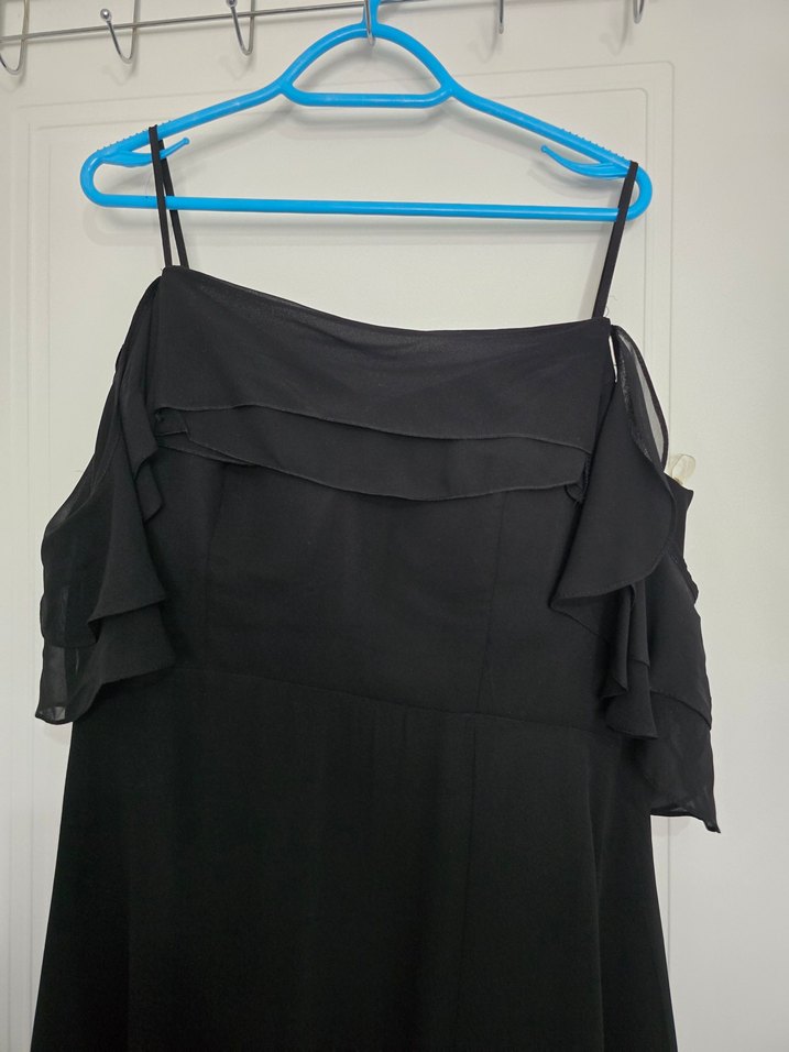 Siyah Uzun Askılı Drapeli Gece Elbisesi - Görsel 4