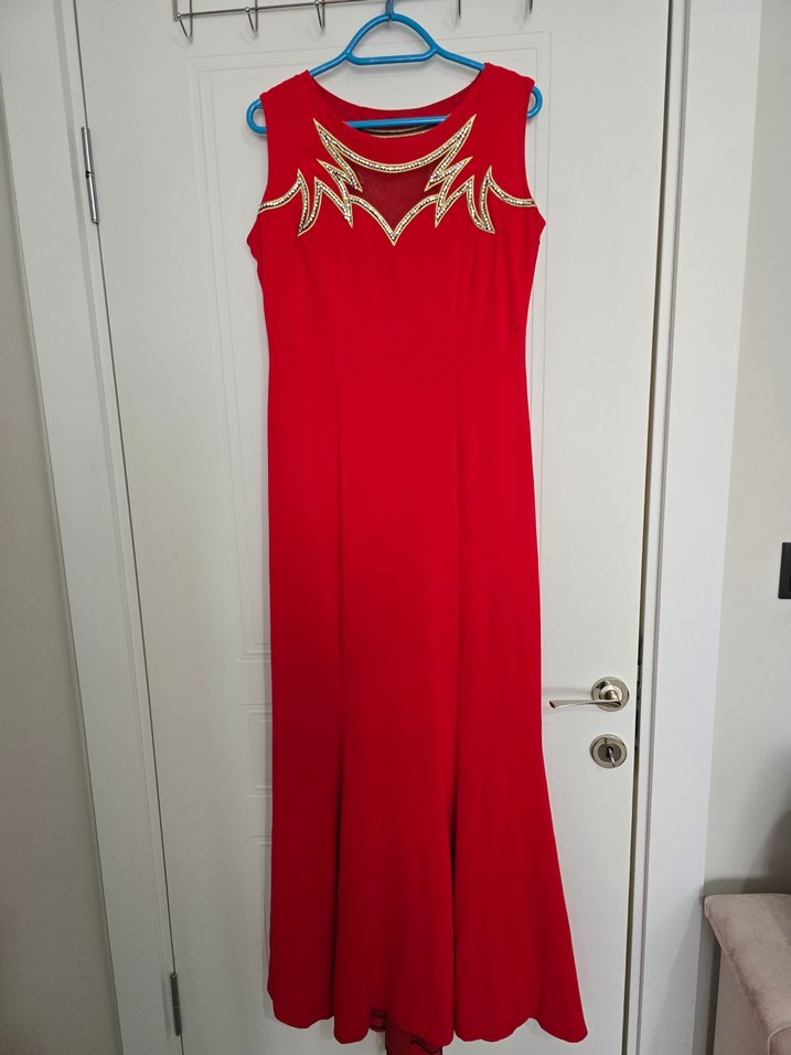 Kırmızı Nakışlı Midi Abiye Elbise - Görsel 2