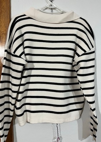 V Yaka Çizgili Triko Kadın Kazak - Görsel 3