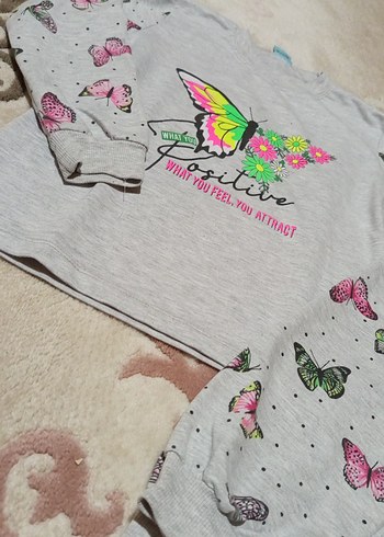 Kız Çocuk Gri Uzun Kollu kelebek Baskılı  Takım - Görsel 2