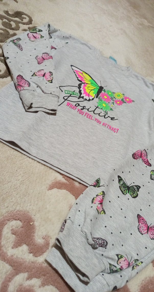 Kız Çocuk Gri Uzun Kollu kelebek Baskılı  Takım - Görsel 2