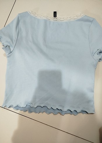 m Beden Dantel Detaylı Mavi Nervürlü Tshirt