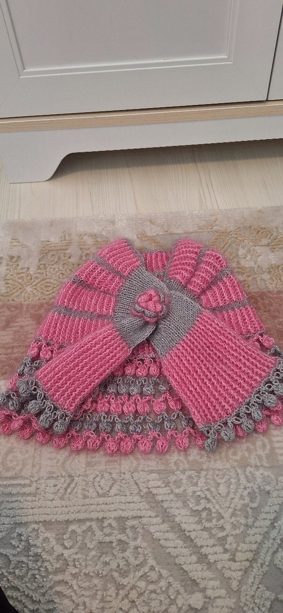 Kız Çocuk Pembe Gri Örgü Bolero - Görsel 4