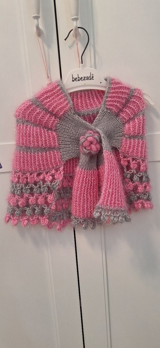 Kız Çocuk Pembe Gri Örgü Bolero - Görsel 2