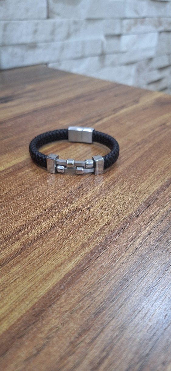 Siyah Örgü Çelik Erkek Biker Bileklik - Görsel 2