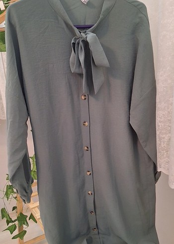 Düğmeli yesil Kadın Uzun Keten Tunik - Görsel 3