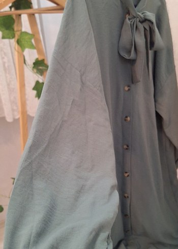Düğmeli yesil Kadın Uzun Keten Tunik - Görsel 2