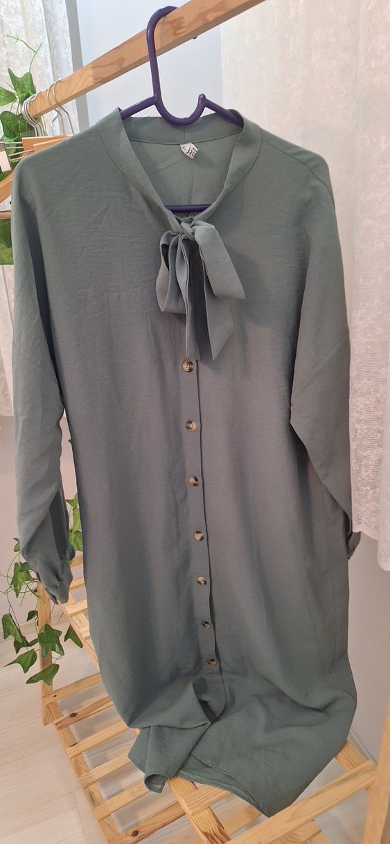 Düğmeli yesil Kadın Uzun Keten Tunik - Görsel 3